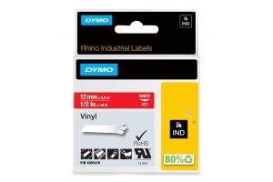 DYMO Rhino industriële Vinyl Labels | 12 mm x 5,5 m | witte afdruk op rood | zelfklevende labels voor Rhino & LabelManager labelprinters