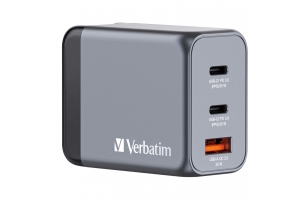 Verbatim 65 W GaN-wandoplader met drie poorten 2 x USB-C PD 65 W / 1 x USB-A QC 3.0 (EU/VK/VS)
