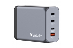 Verbatim 200 W GaN-wandoplader met vier poorten 2 x USB-C PD 100 W / 1 x USB-C PD 65 W / 1 x USB QC 3.0 (EU/VK/VS)