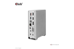 CLUB3D USB type C Universeel docking station 2x USB Gen2 Type-A 1x USB Gen1 Type-A 1x USB Type-A (ROOD) Smart Charging-poort 5V/2.4A Max. • 2x HDMI (DP Alt Mode) 1x DP (DP Alt Mode) 1x VGA 1x RJ45 max.120 Watt opladen